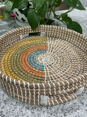 Source Unknown Woven Round Tray with White, Blue, Green, Orange, Yellow Accents